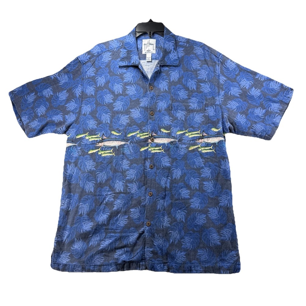 Guy Harvey Shirt XL Hawaiian Aftco Bluewater Fish Sea  Short Sleeve Rayon‎ Blend